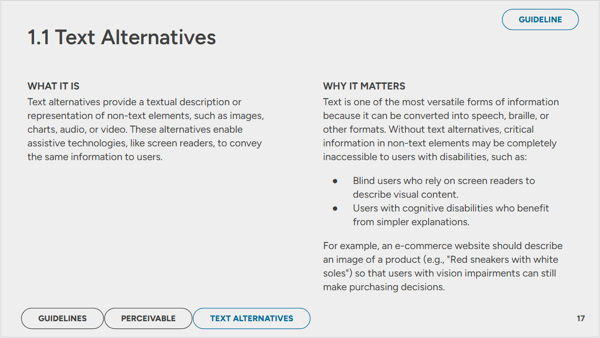 A powerpoint slide excerpt from MIV's accessibility guidelines. Slide is titled 1.1 Text Alternatives.